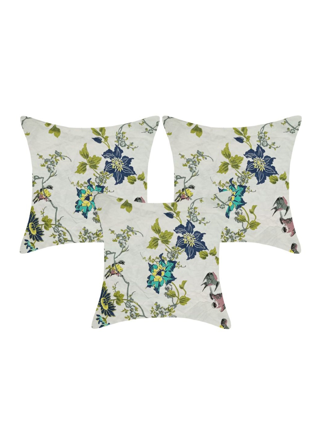 

INDHOME LIFE Adults Set of 3 White & Green Floral printed Square Reversible Cushion Covers