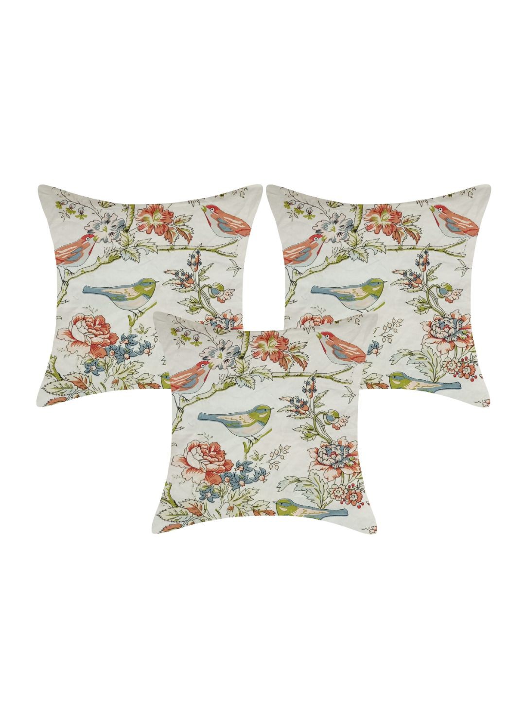 

INDHOME LIFE White & Green Set of 3 Floral Square Cushion Covers