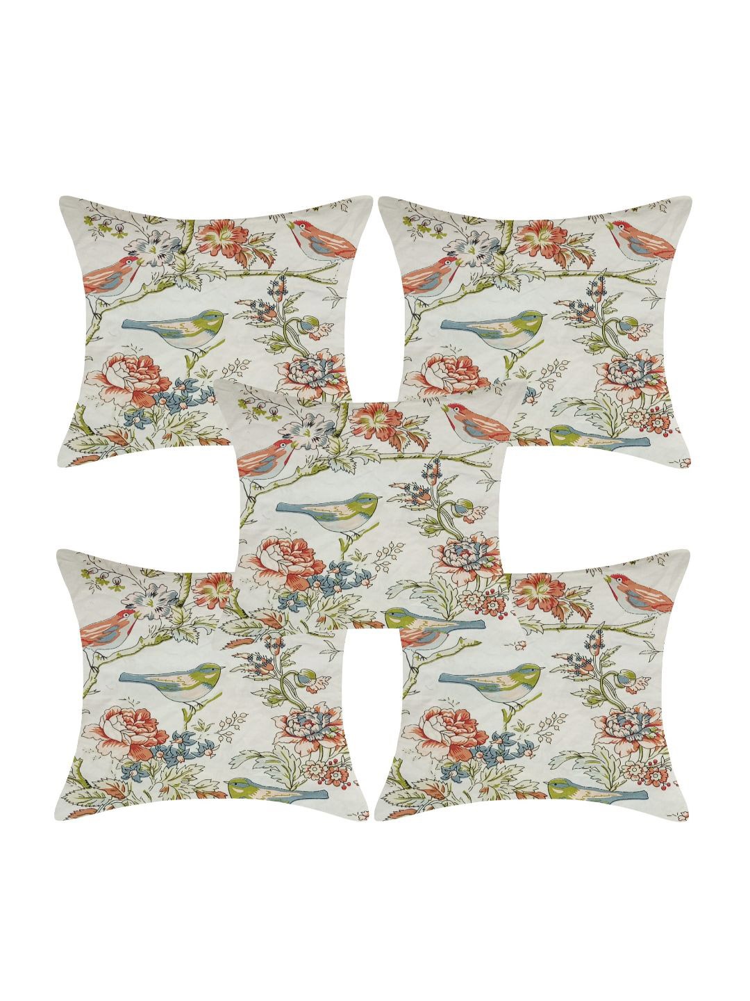

INDHOME LIFE White & Orange Set of 5 Floral Square Cushion Covers-16x16 Inches