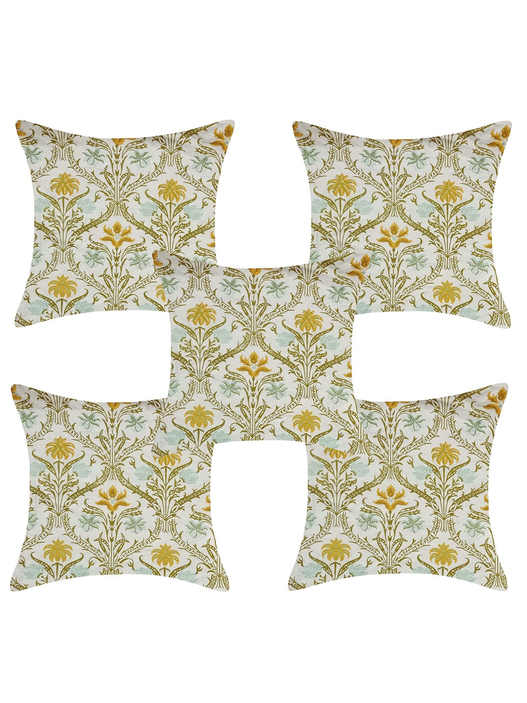 

INDHOME LIFE White & Green Set of 5 Floral Square Cushion Covers