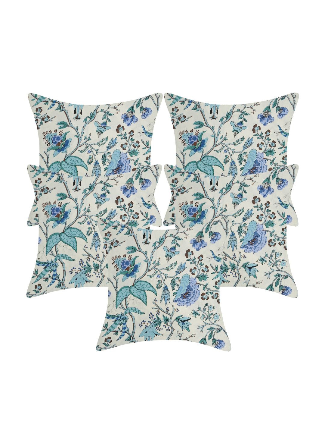 

INDHOME LIFE Unisex White & Blue Set of 5 Floral Square Cushion Covers