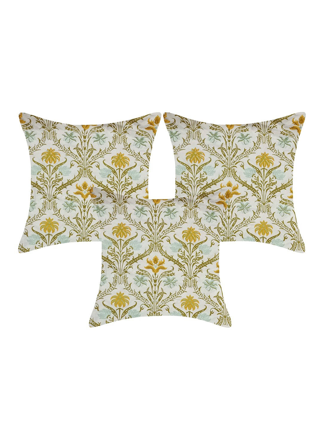 

INDHOME LIFE White & Green Set Of 3 Floral Square Cushion Covers