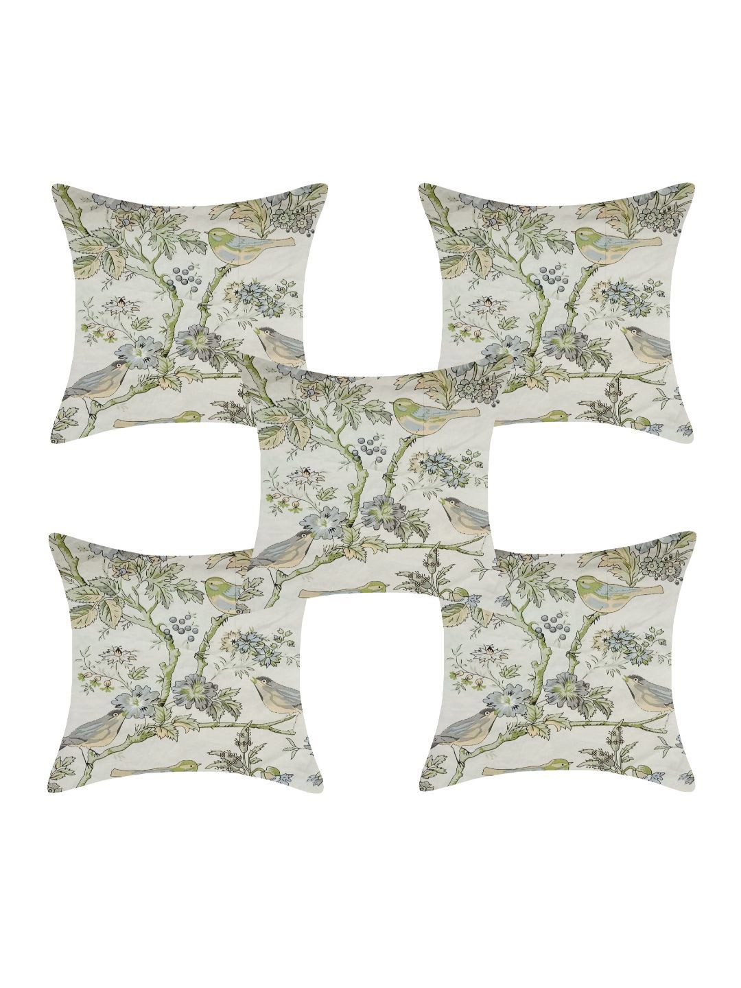 

INDHOME LIFE White & Green Set of 5 Floral Square Cushion Covers