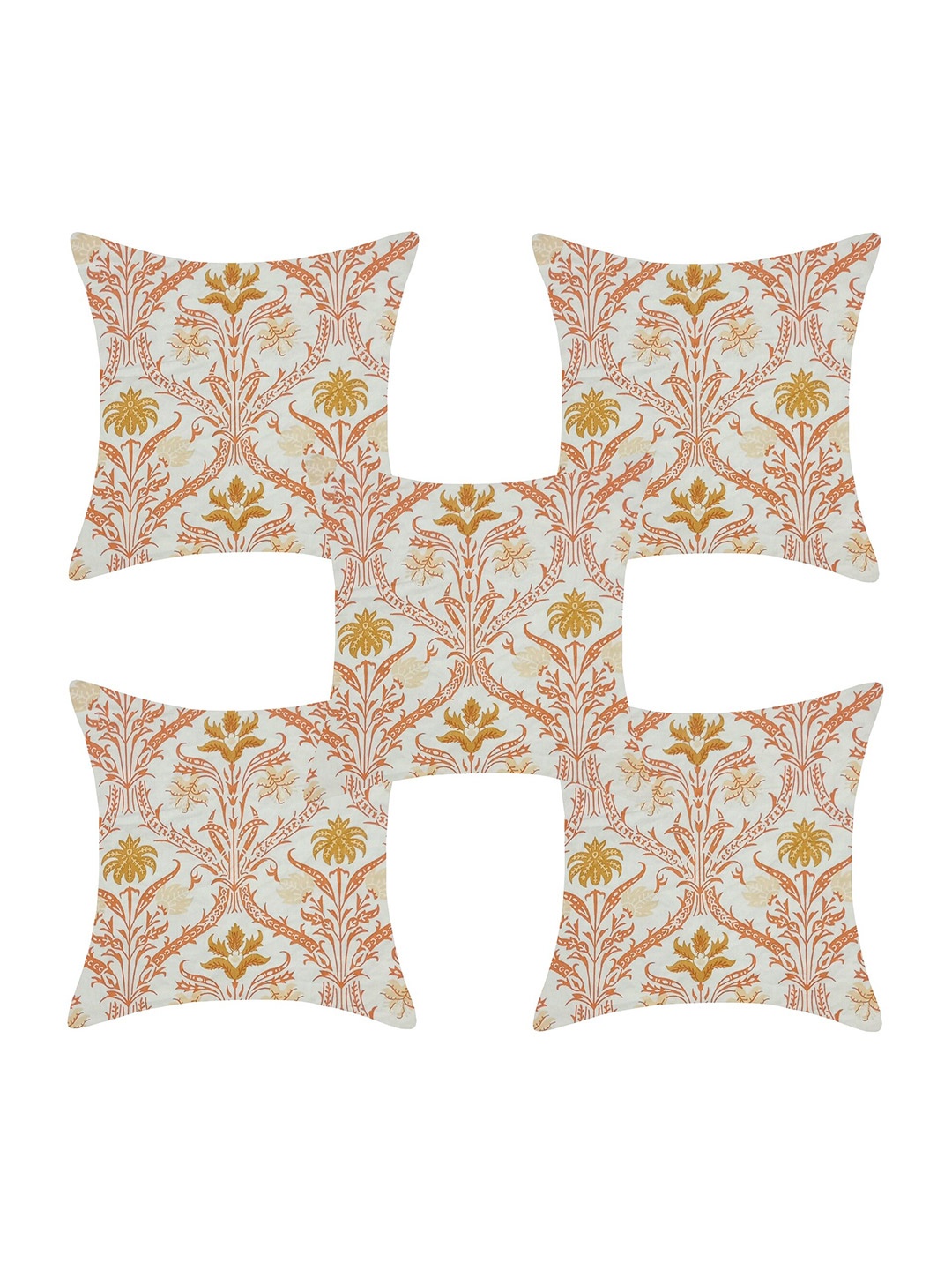 

INDHOME LIFE White & Orange Set of 5 Abstract Square Cushion Covers-16x16 Inches