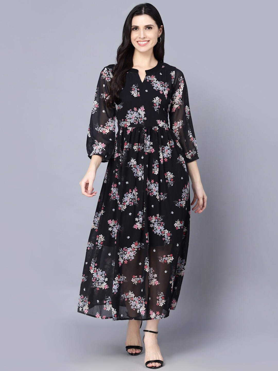 

Myshka Black Floral Keyhole Neck Georgette Maxi Dress