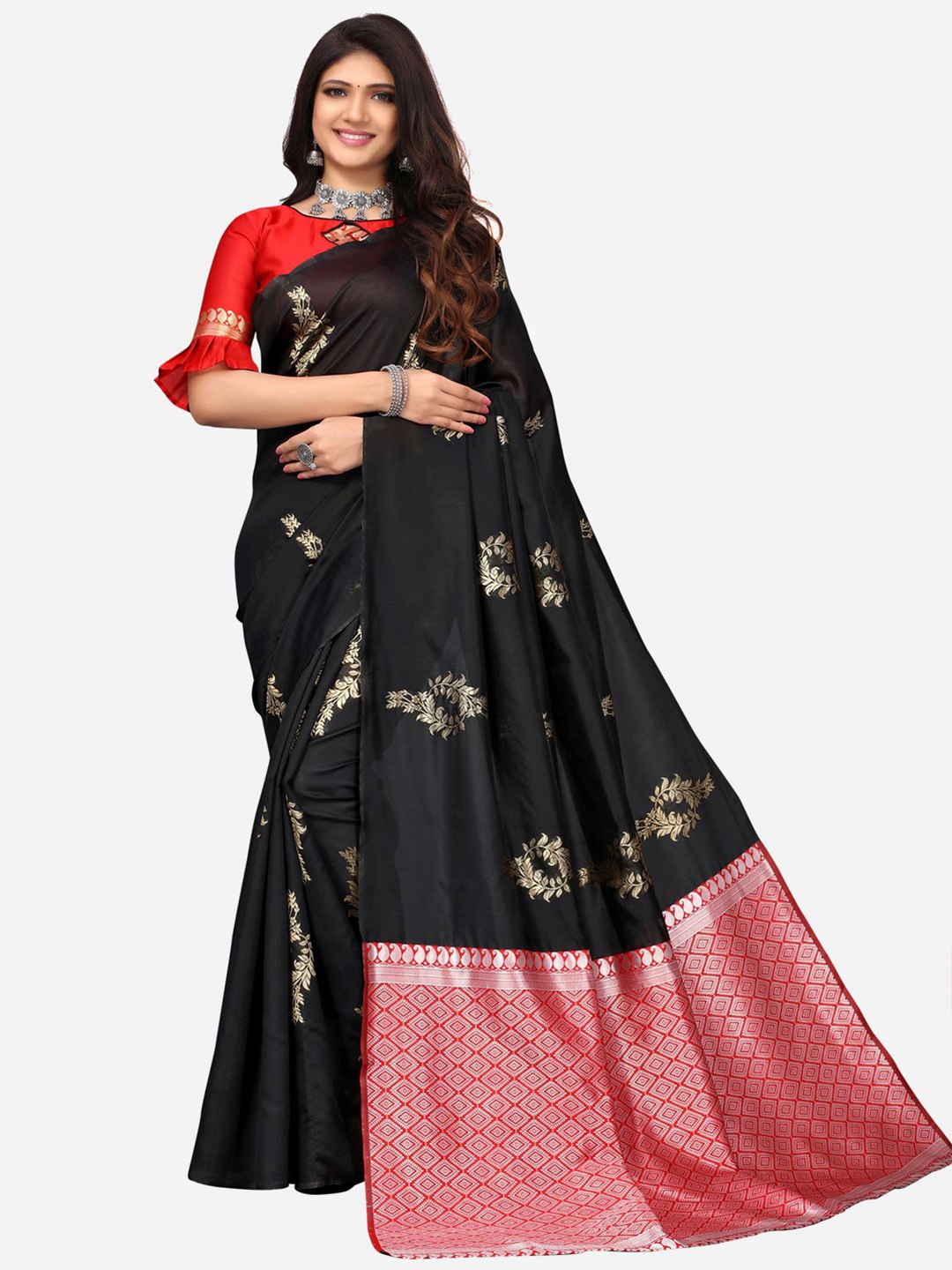 

SIRIL Black & Red Floral Zari Saree