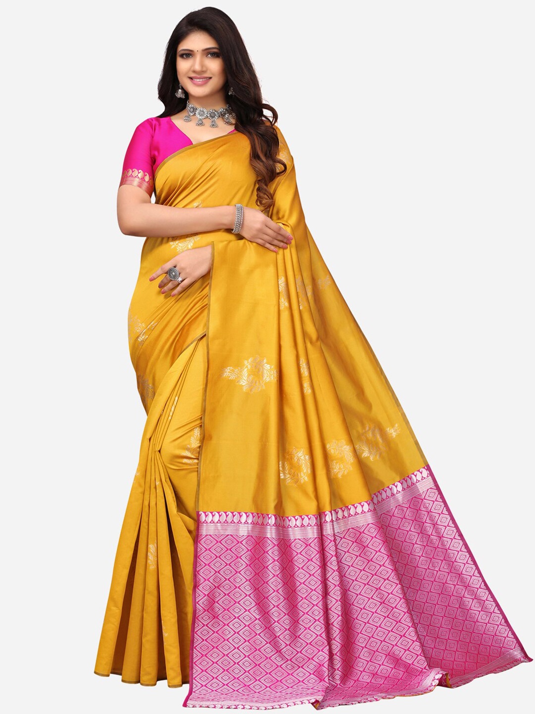 

SIRIL Yellow & Pink women Woven Design Zari Saree