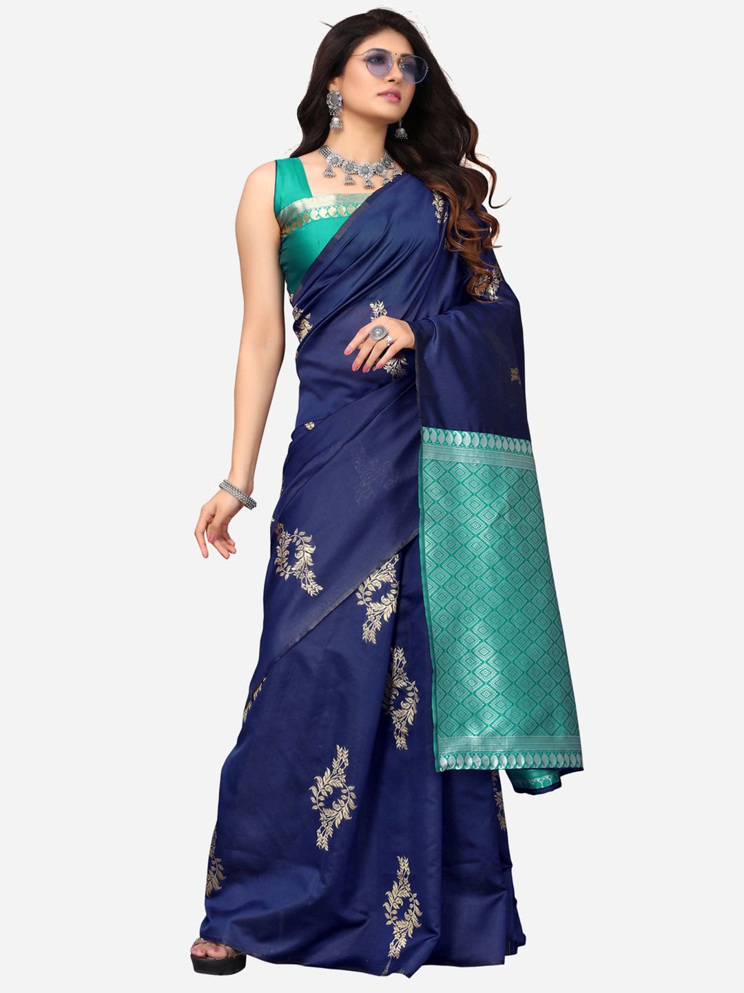 

SIRIL Blue & Silver-Toned Woven Design Zari Saree