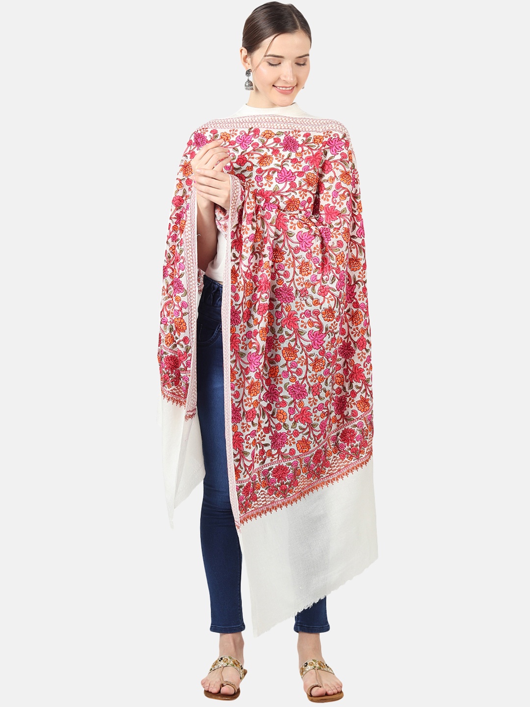

MUFFLY Women White & Pink Embroidered Stole