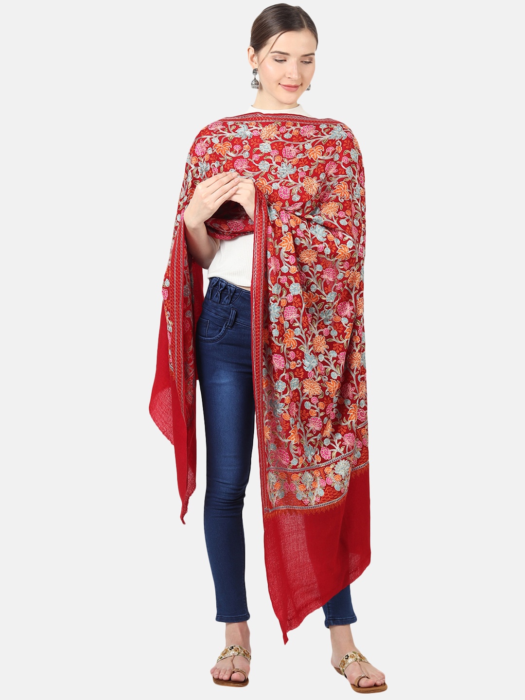 

MUFFLY Women Maroon & Blue Embroidered Stole