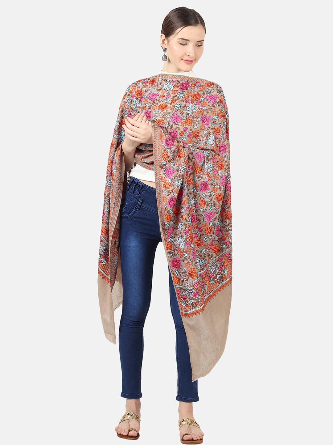

MUFFLY Women Beige & Pink Embroidered Marino Wool Stole
