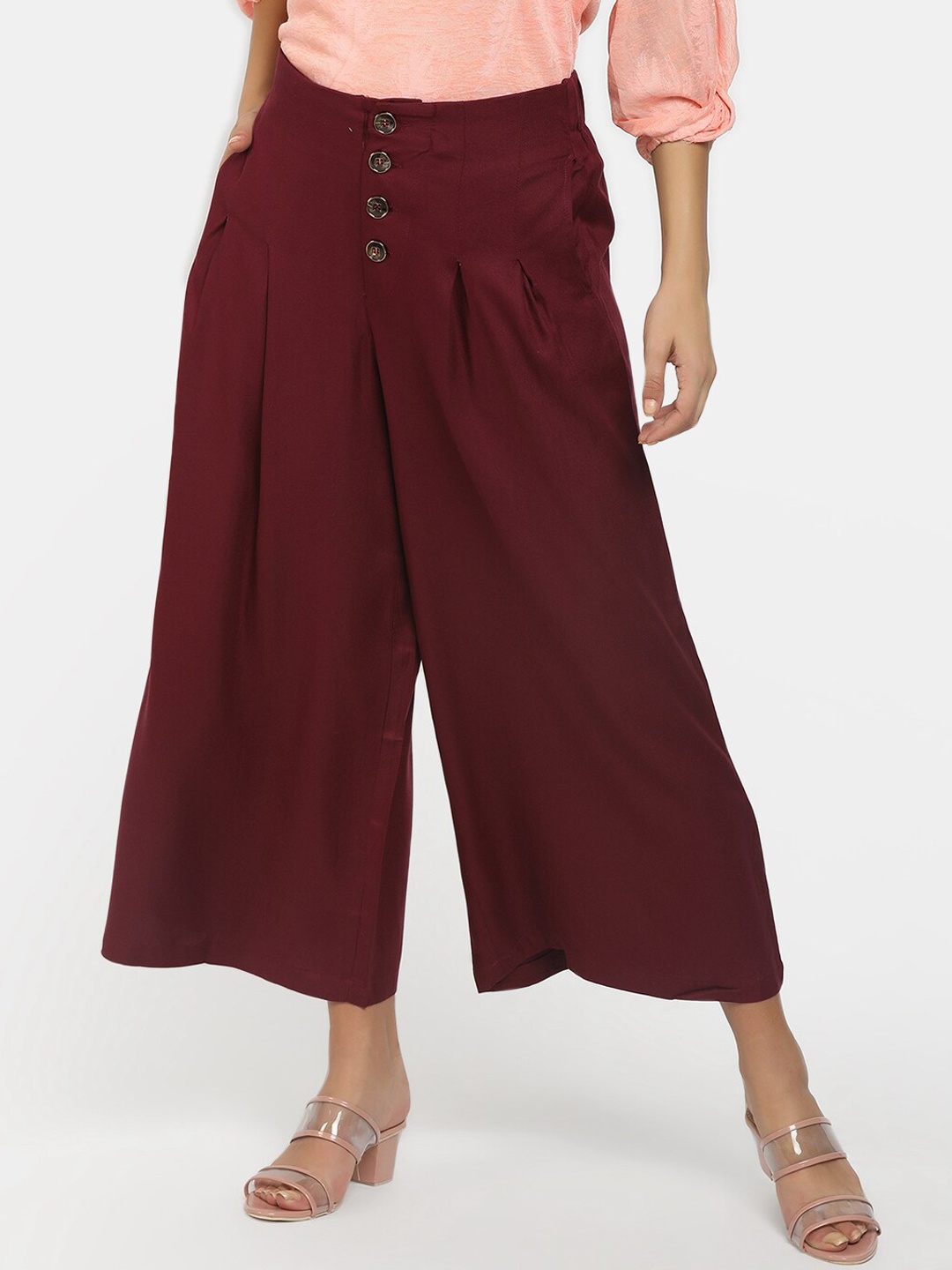 

V-Mart Women's Red Classic Pleated Culottes Trousers