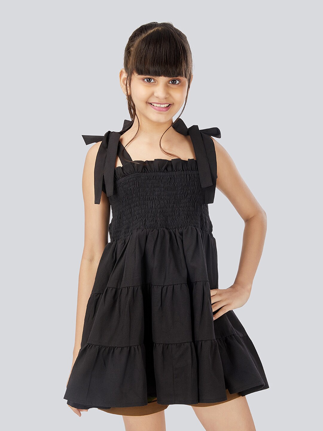 

Olele Girls Black Smoked Tie Up Shoulder Starp Tiered Mini Dress