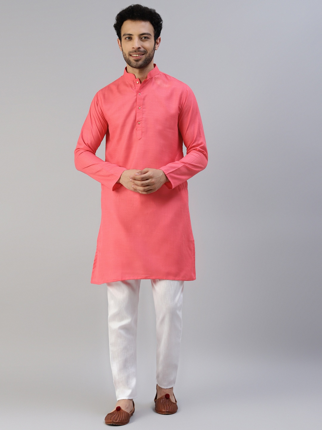 

MENGARY Men Pink & White Solid Cotton Straight Kurta with Pyjamas