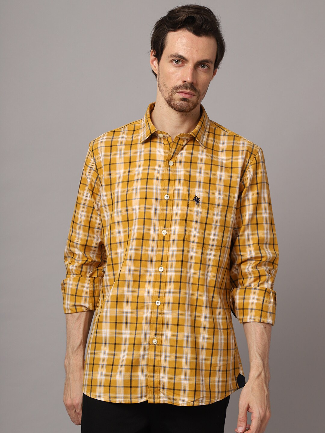 

Cantabil Men Mustard Checked Full sleeves Casual Shirt