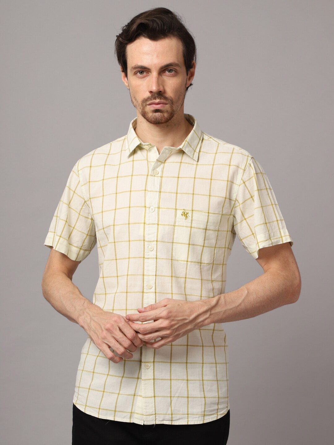 

Cantabil Men Yellow Windowpane Checked Casual Shirt