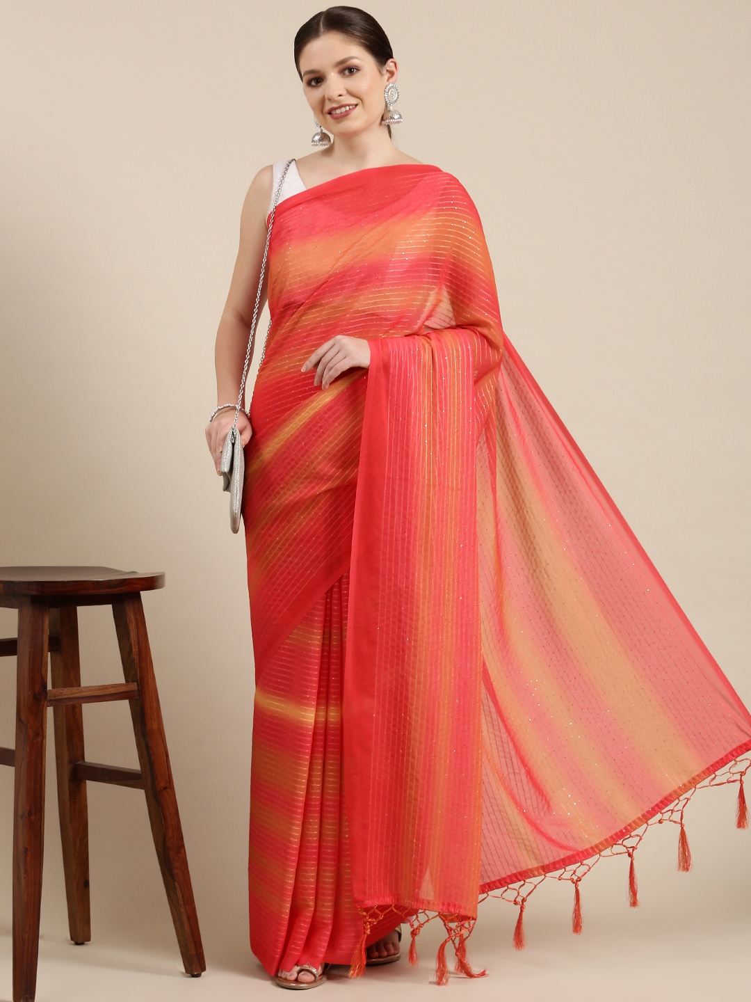 

Lookslady Pink Striped Sequinned Pure Georgette Saree
