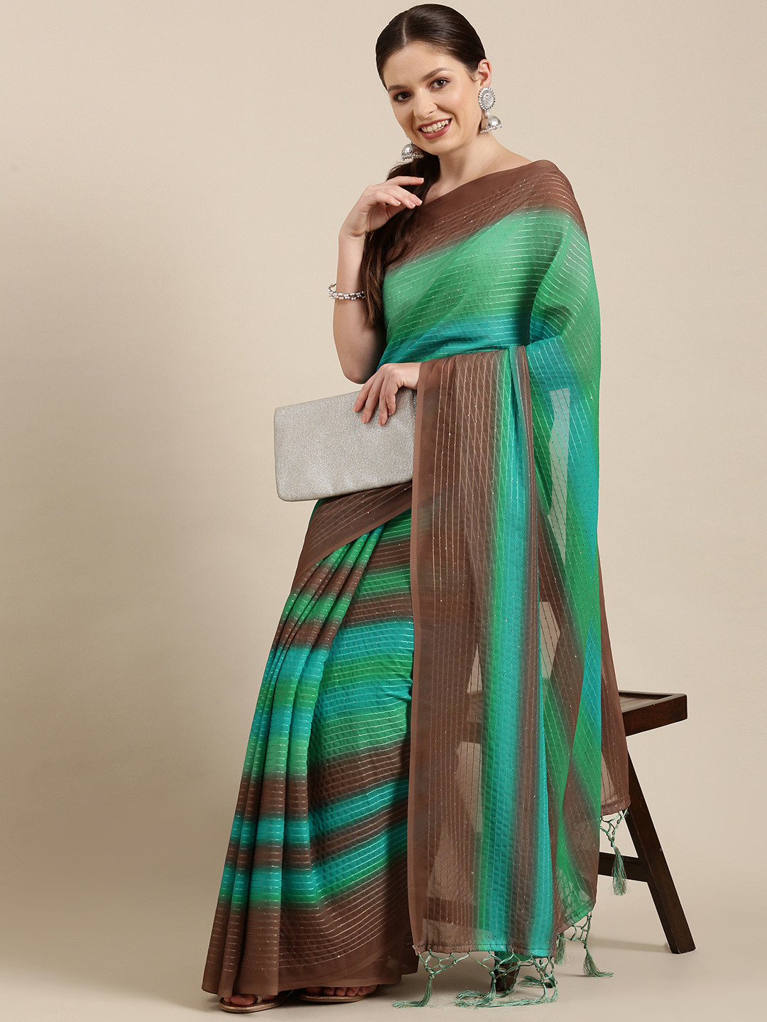 

Lookslady Green & Brown Striped Sequinned Pure Georgette Saree