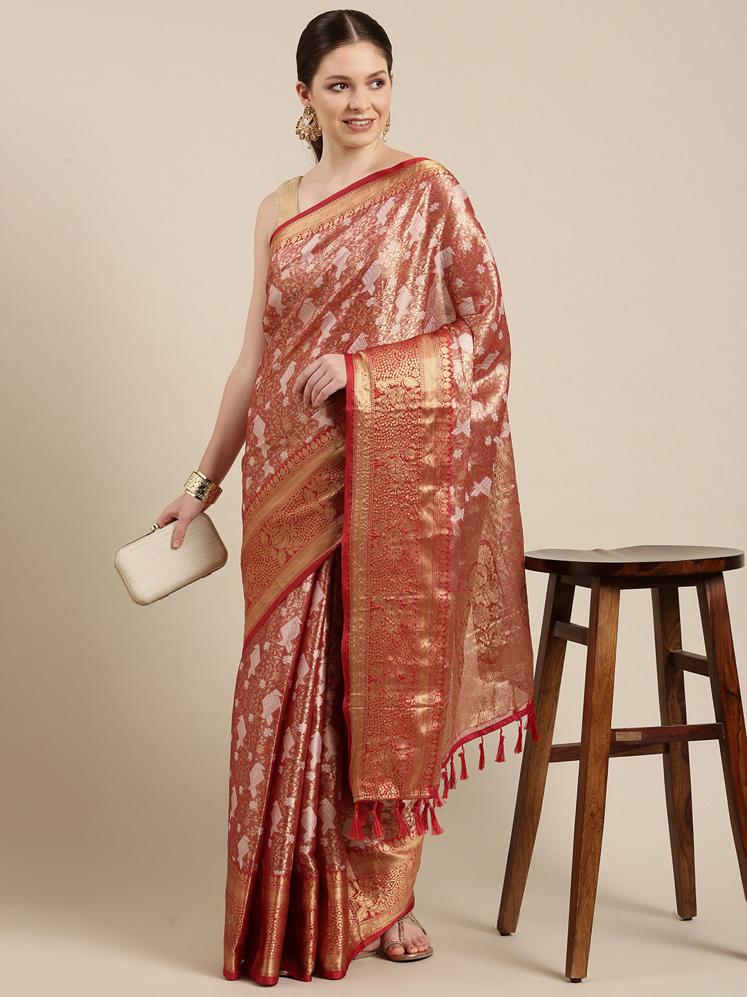 

Lookslady Rust & Red Ethnic Motifs Zari Art Silk Kanjeevaram Saree