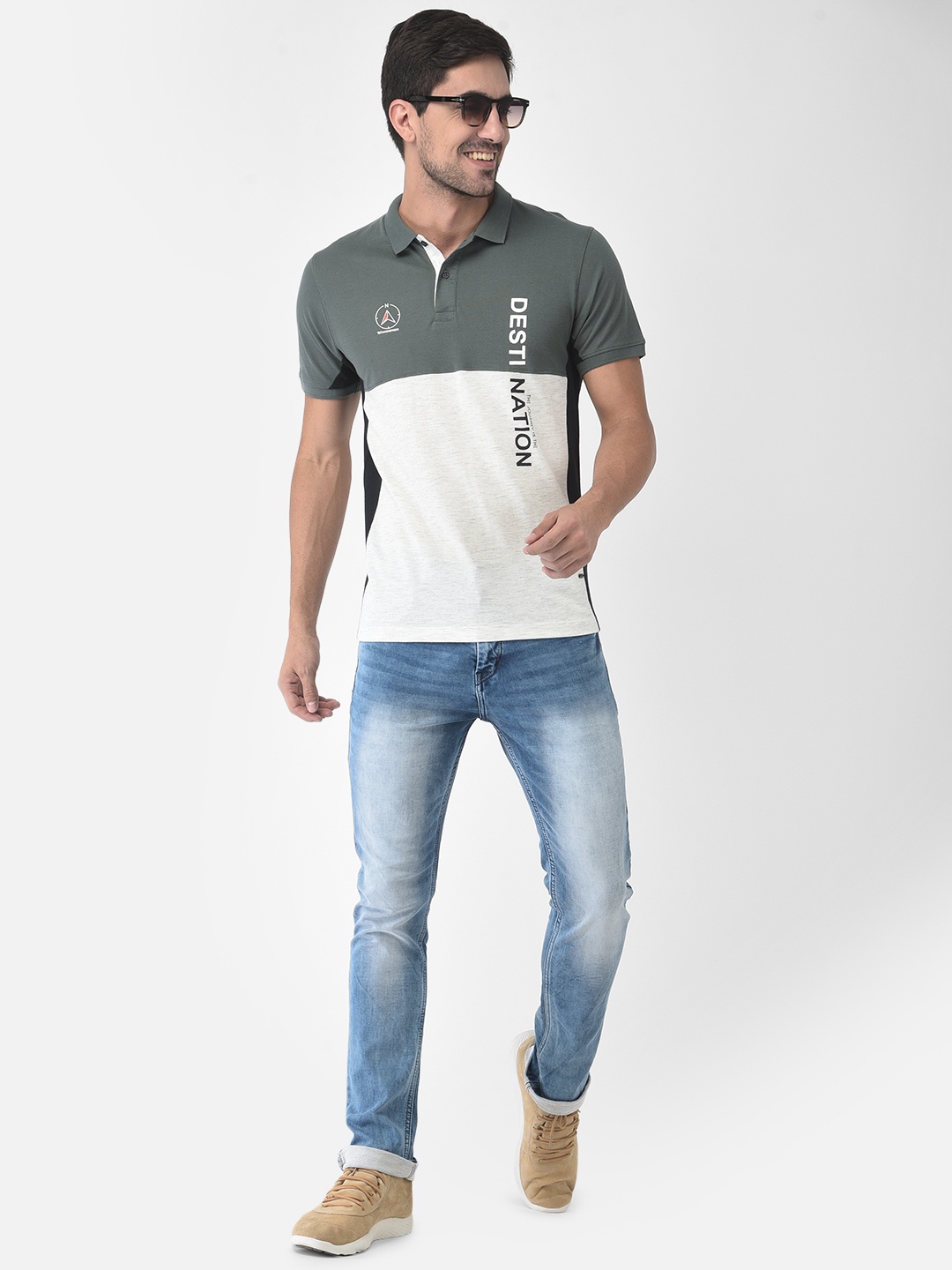 

Crimsoune Club Men Grey Colourblocked Polo Collar Slim Fit T-shirt
