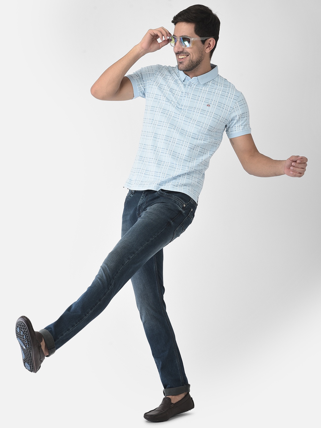 

Crimsoune Club Men Blue Checked Polo Collar Slim Fit T-shirt