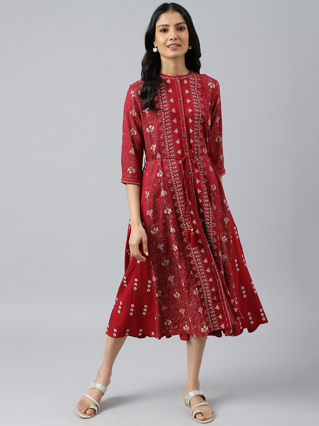 

W Women Red Floral Printed A-Line Midi Dress