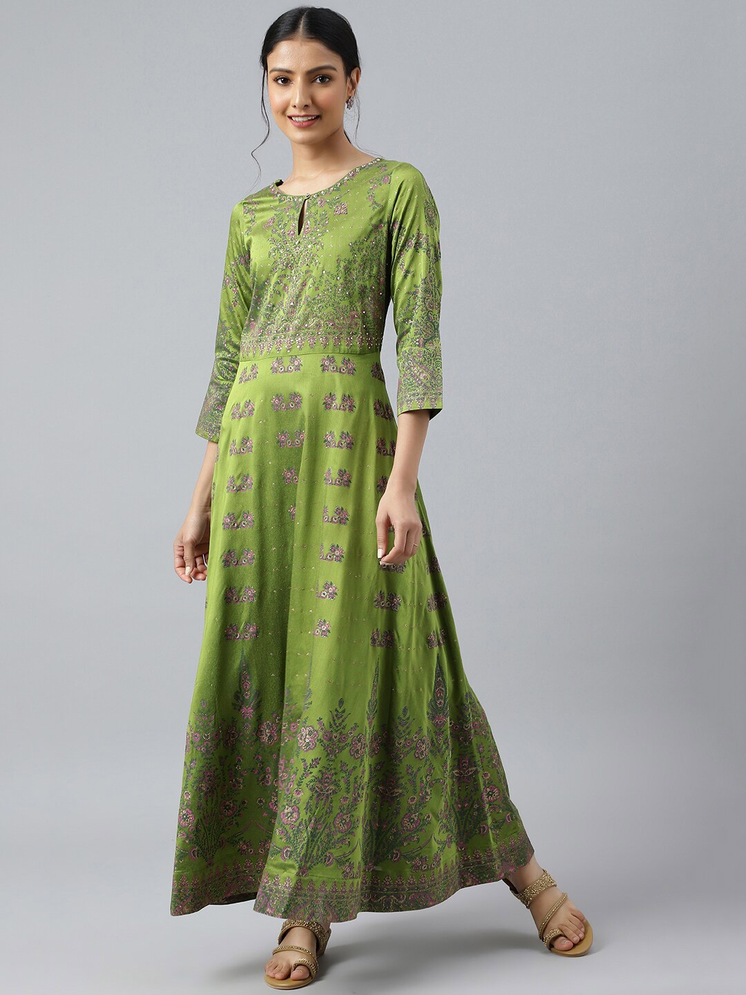 

W Green & Pink Floral Keyhole Neck Ethnic Maxi Dress