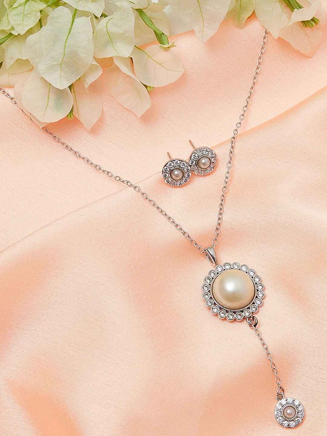 

Voylla Women Rhodium Plated & Whites Silver Toned Pendant With Earrings