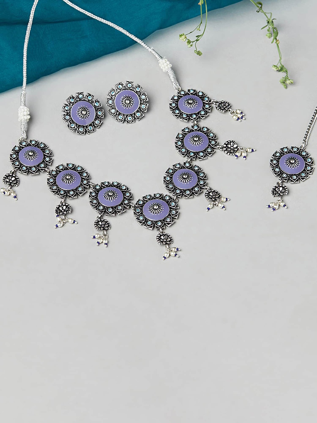 

Voylla Silver-Plated Blue & White Stone-Studded & Beaded Jewellery Set
