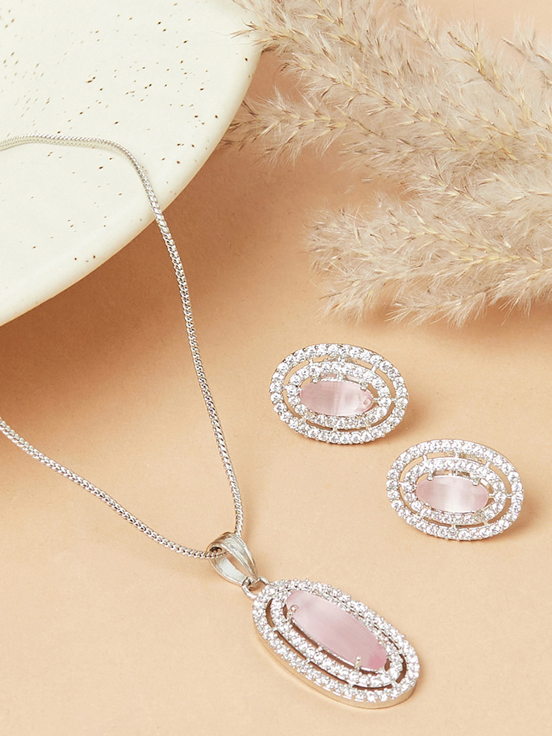 

Voylla Women Silver-Toned Rhodium-Plated Stone-Studded Pendant With Earrings