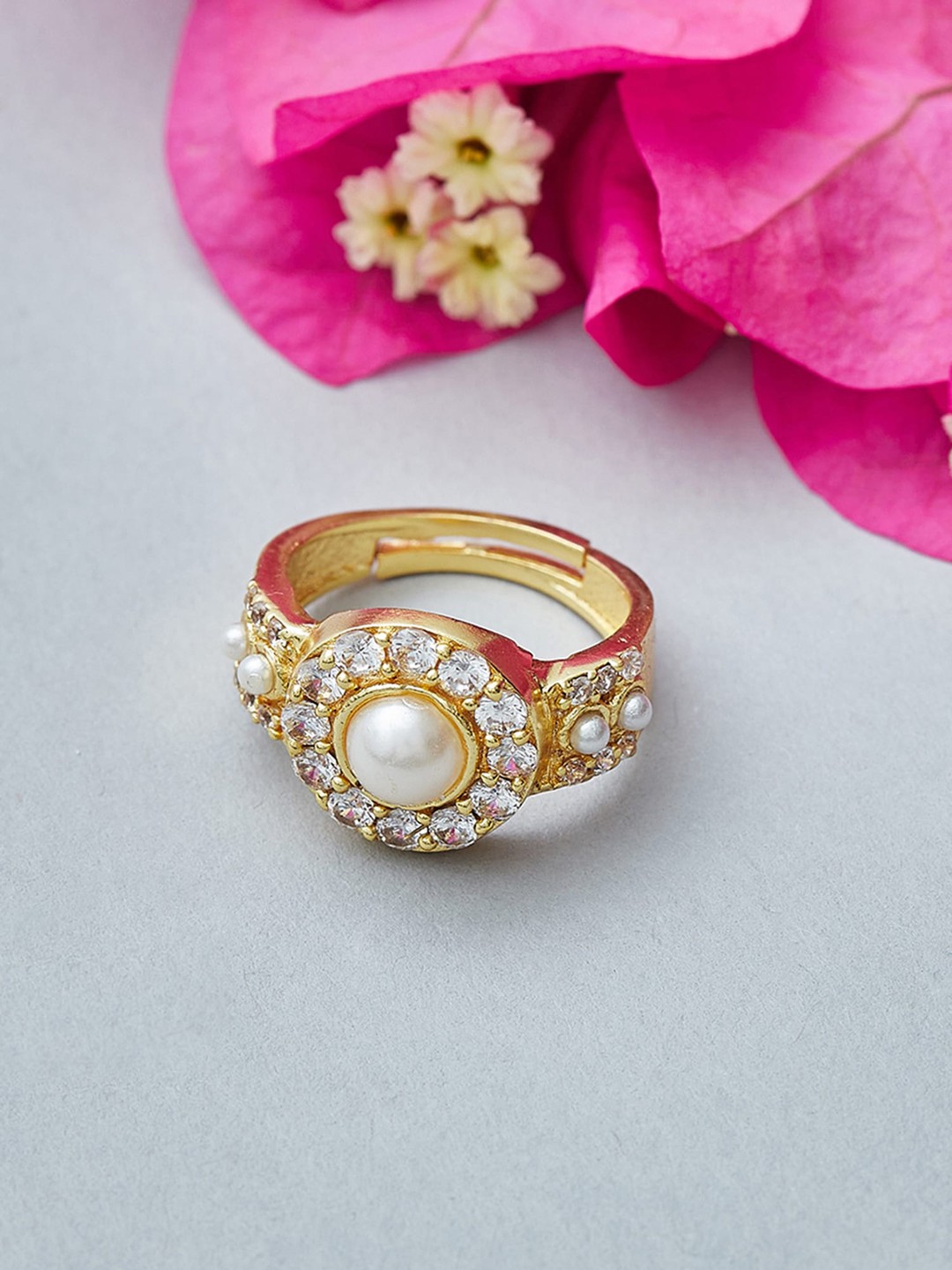 

Voylla Gold-Plated White Stone & Pearl Studded Ring