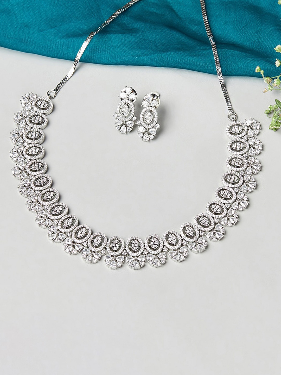 

Voylla Rhodium-Plated Silver-Toned & White CZ-Studded Jewellery Set