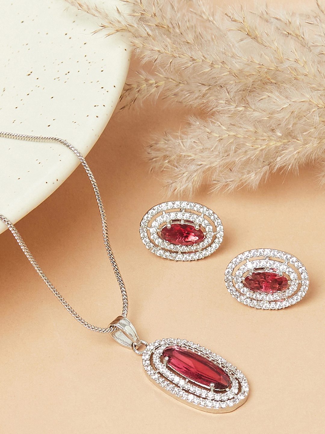 

Voylla Rhodium-Plated Silver-Toned & Red Pendant Set