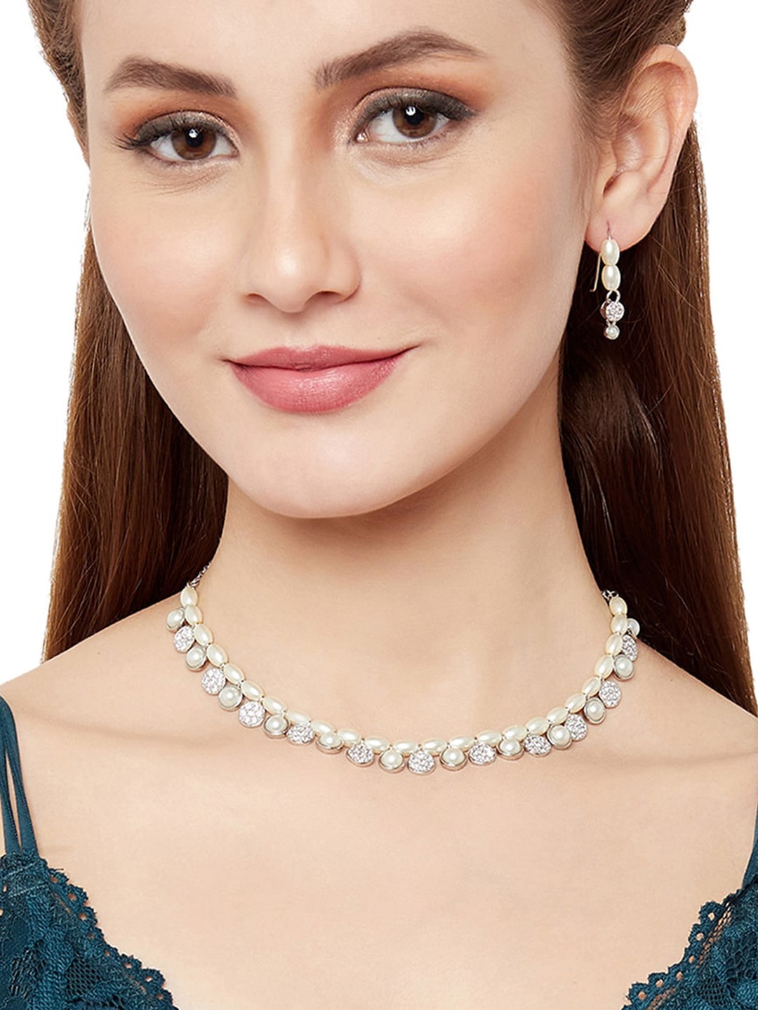 

Voylla Rhodium-Plated White Pearl Studded Jewellery Set