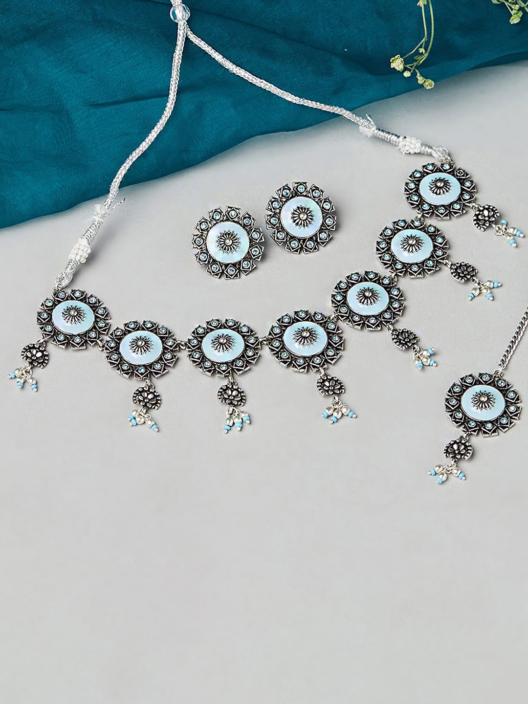 

Voylla Silver-Plated Blue & White Stone-Studded & Beaded Jewellery Set