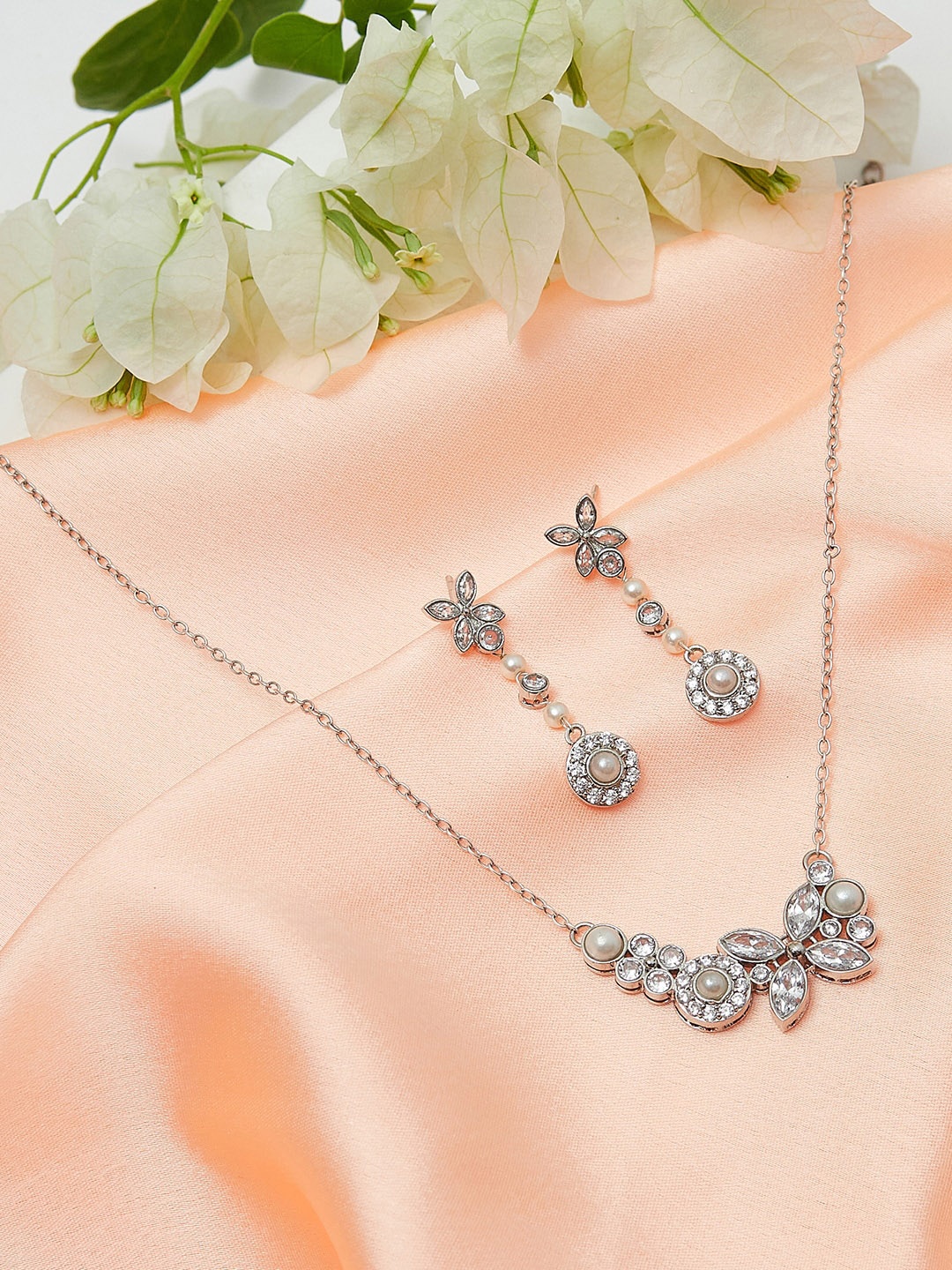 

Voylla Women Silver-Toned Rhodium Plated CZ-Studded Pendant With Chain