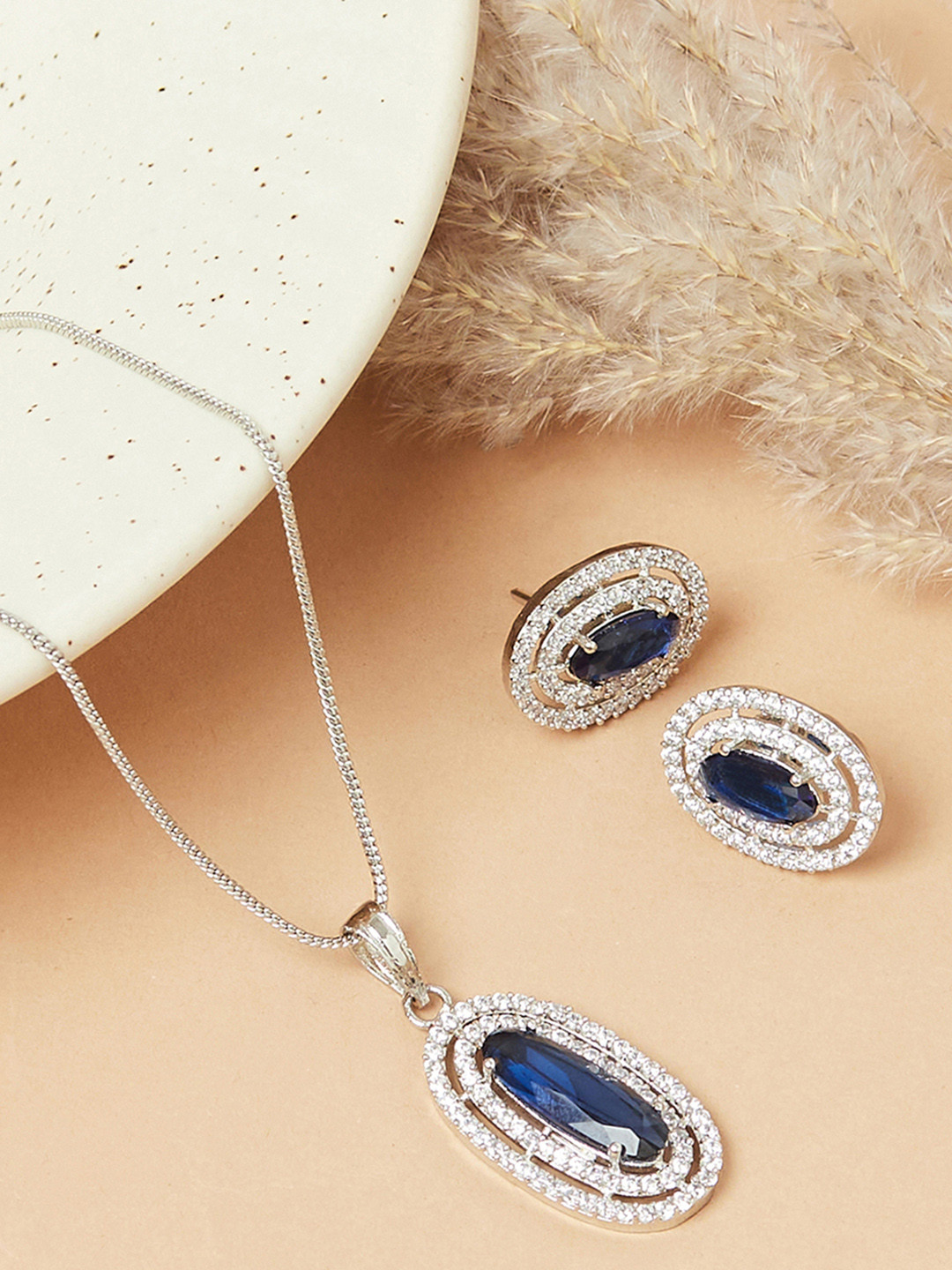 

Voylla Silver-Plated & Blue Stones Studded Pendant With Earrings