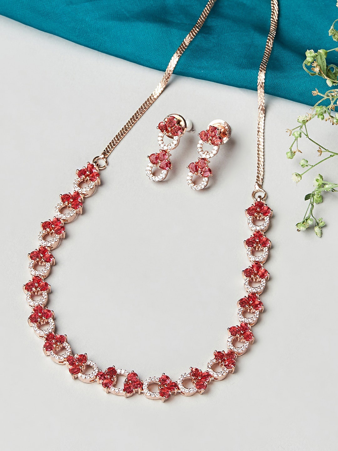 

Voylla Rose Gold-Plated Red CZ Studded Jewellery Set