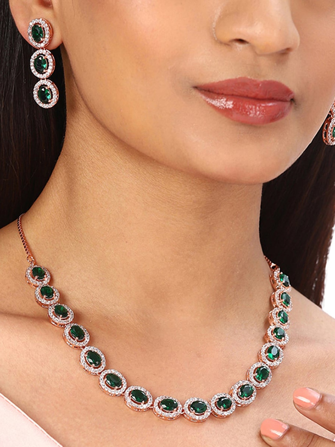 

Voylla Rose Gold-Plated Green CZ-Studded & Beaded Jewellery Set