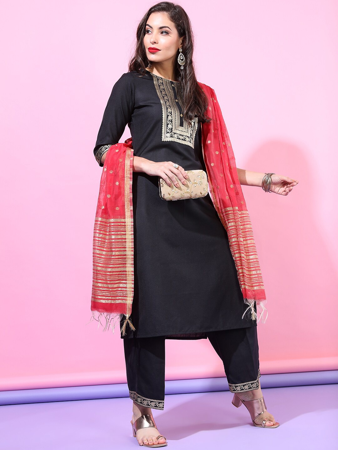

Vishudh Women Black Panelled Kurta with Trousers & With Dupatta