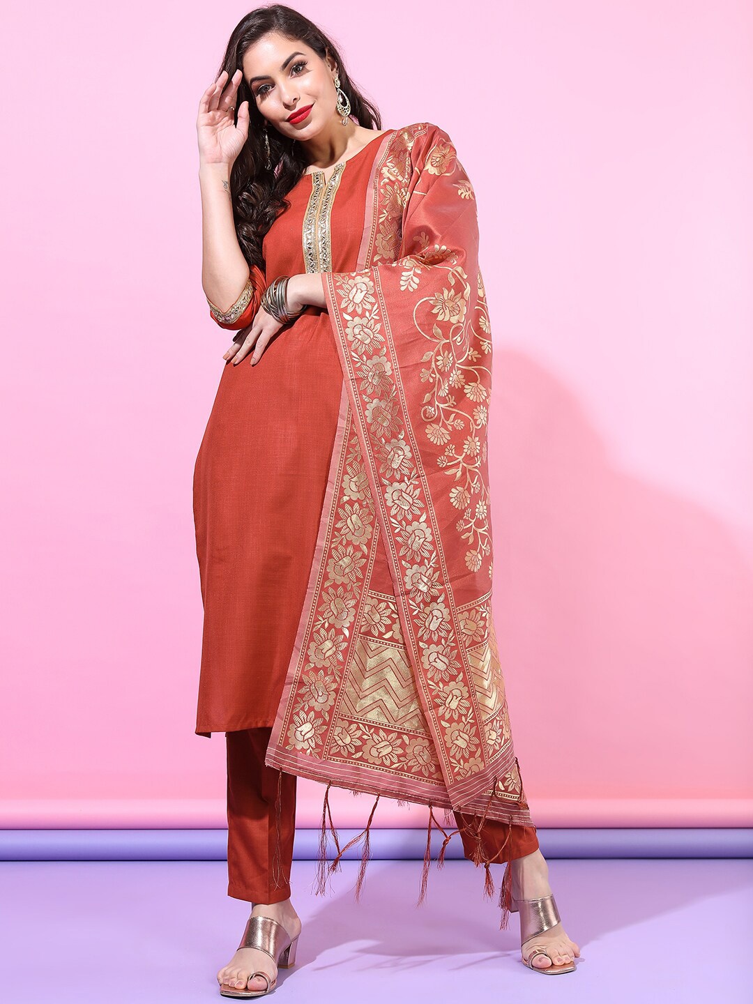 

Vishudh Women Rust Embroidered Kurta with Trousers & With Dupatta