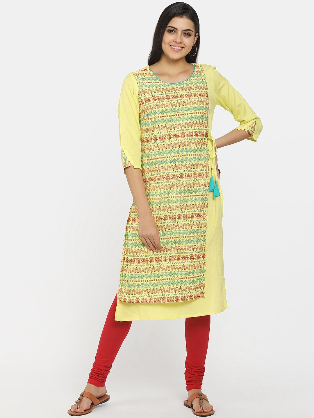 

Desi Mix Women Mustard Yellow Geometric Thread Work Kurta