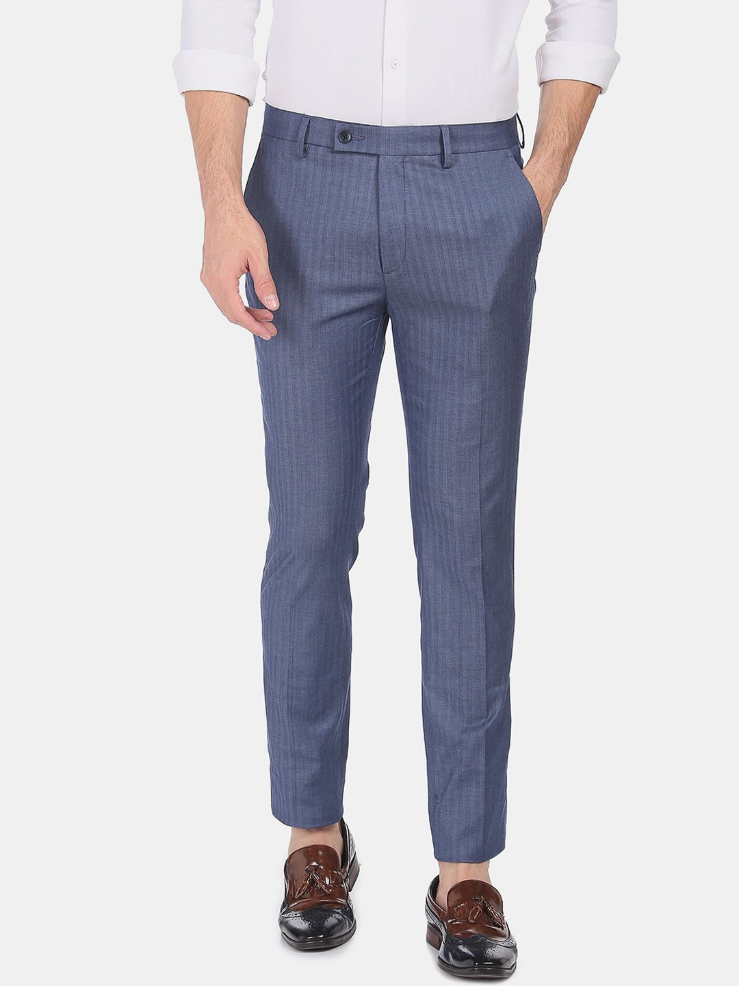

Arrow Men Blue Striped Slim Fit Herringbone Pattern Casual Trousers