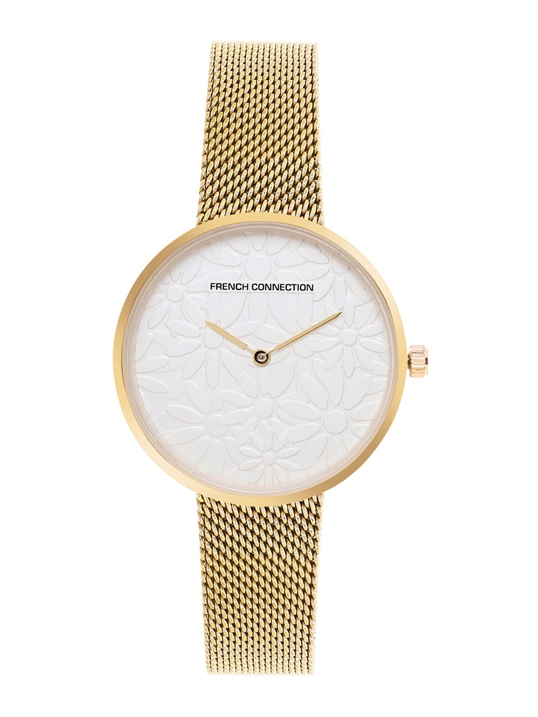 

French Connection Women White Dial & Gold Toned Stainless Steel Bracelet Style Straps Analogue Watch