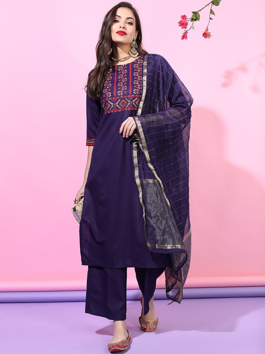 

Vishudh Women Purple Yoke Design Kurta with Trousers & With Dupatta