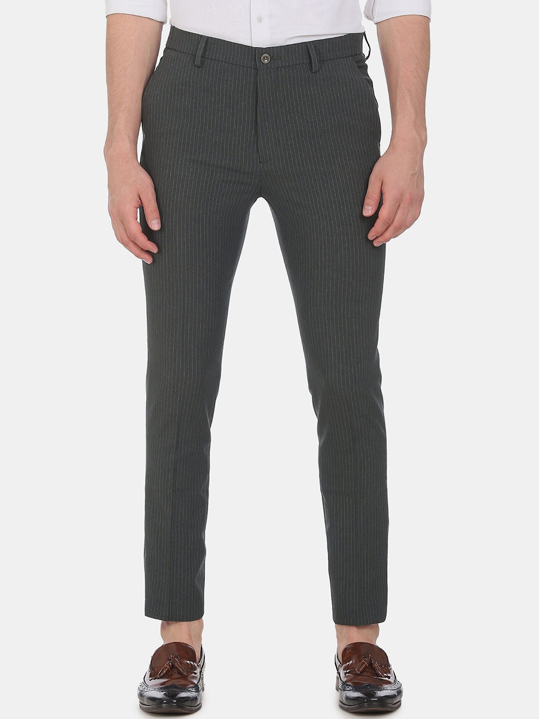 

Arrow New York Men Grey Striped Slim Fit Trousers