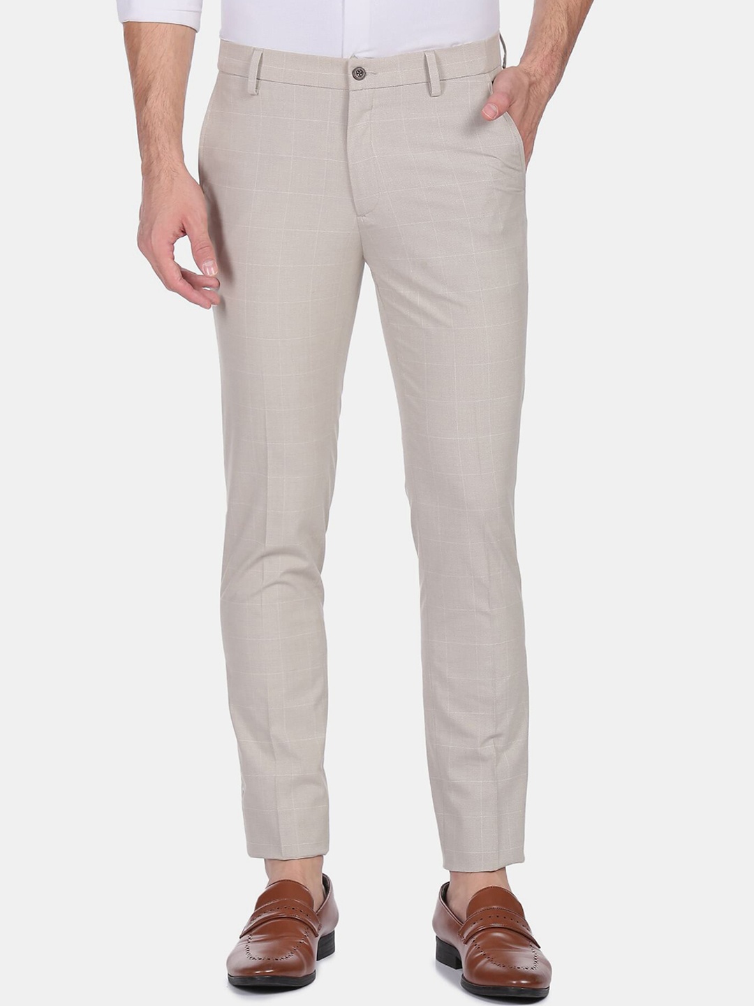 

Arrow New York Men Beige Super Slim Fit Check Formal Trousers