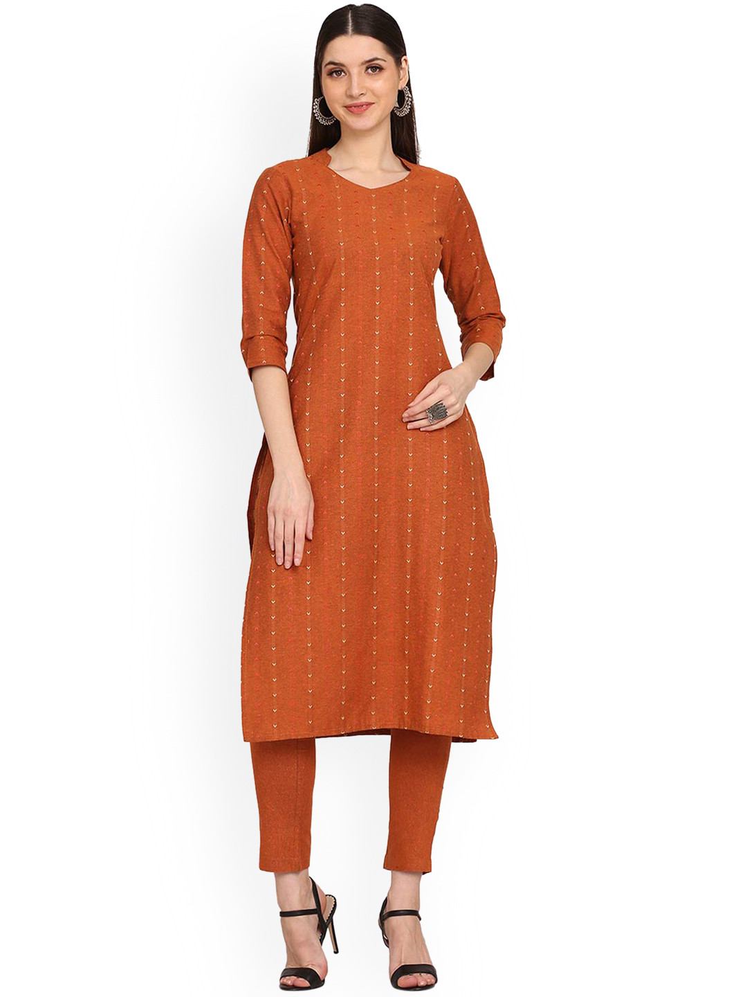

HRITIKA Women Rust Striped Panelled Pure Cotton Kurta with Trousers