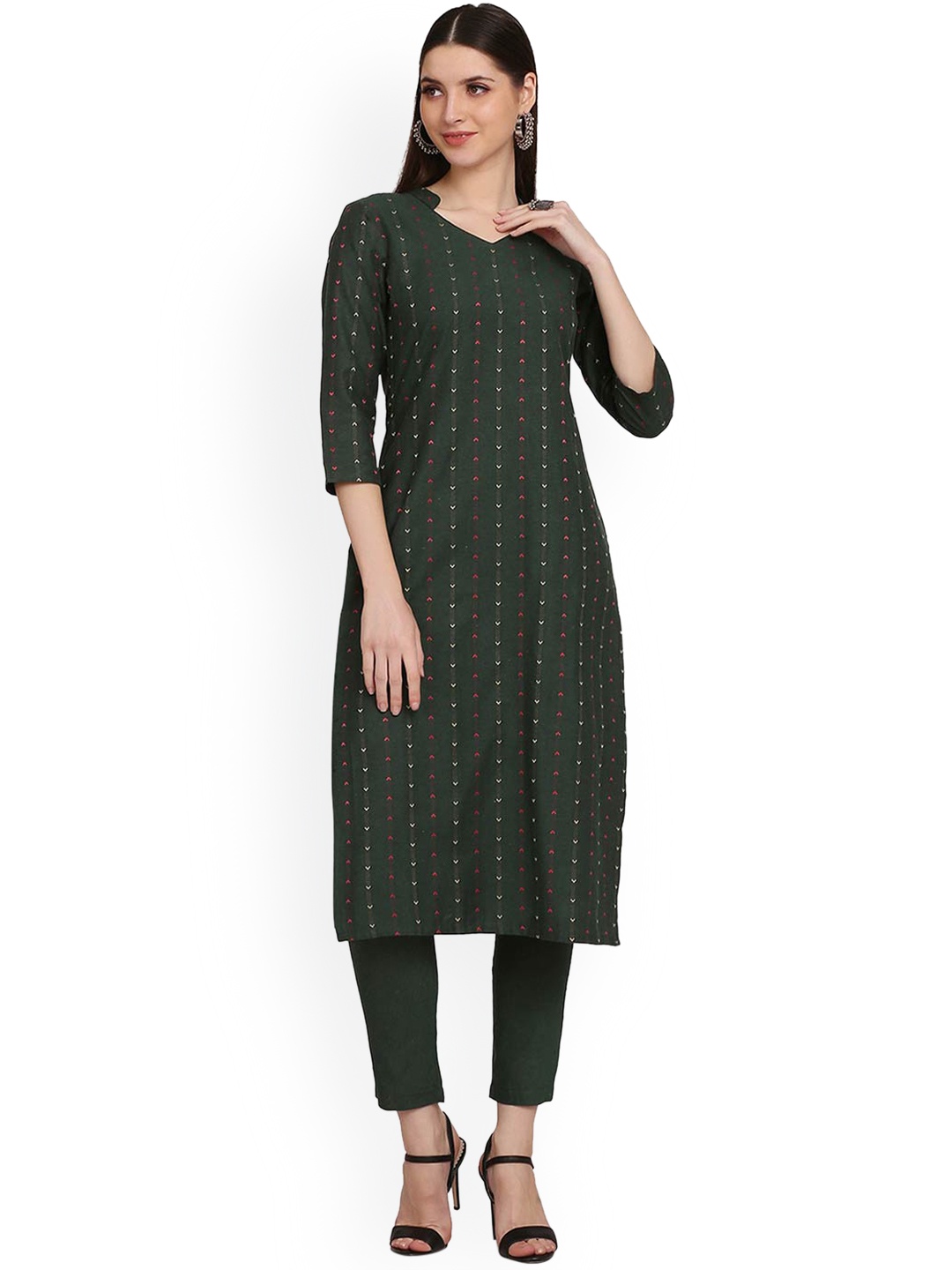 

HRITIKA Women Green Printed Pure Cotton Kurta with Trousers