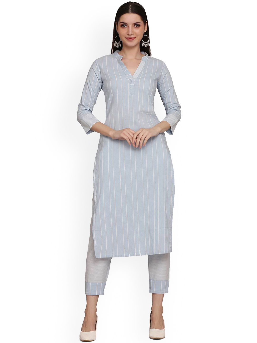 

HRITIKA Women Blue Striped Kurta with Trousers